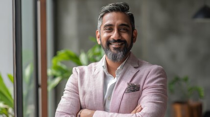Naklejka premium Smiling happy successful ceo financial manager confident bearded indian businessman looking at camera standing with arms crossed. Handsome classy corporation owner. Vertical business portrait., no lo