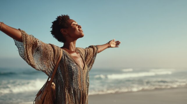 Healthy black woman standing on the beach with copy space. Happy young african american woman with open arms at seaside. Freedom girl dancing and daydreaming at beach during summer vacation., no logo