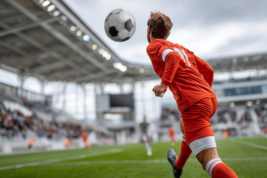 A male soccer player in a red uniform executes a powerful throw-in, sending the ball high above his head with a stadium crowd blurred in the background.