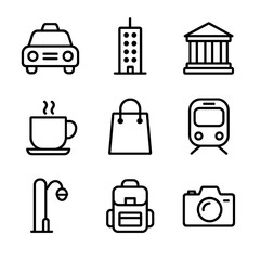 City Vacation Icons. Solid, filled icon set of city vacation: taxi, skyscraper, museum, coffee cup, shopping bag, subway,