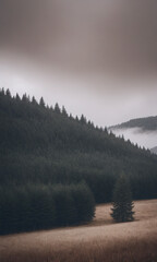 Fototapeta premium Isolated pine tree on grassy slope with dense forest under stormy sky – Generative AI