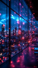 Digital security icons projected window city night images