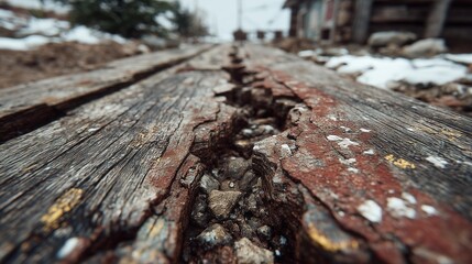 A weathered wooden path, cracked and worn, evokes a sense of nostalgia and decay. The muted tones and rough textures create a somber, reflective mood, reminiscent of forgotten journeys.