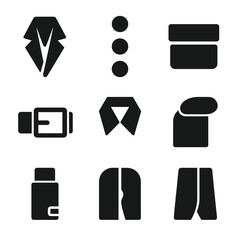 Classic Coat Icon Set. Solid, filled icon set of classic coat details: lapel, buttons, pockets, belt buckle, collar, shoulder pad,