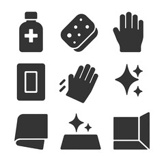 Fototapeta premium Cleaning Supplies Icons. Solid, filled icons set of cleaning supplies and surfaces: disinfectant bottle,