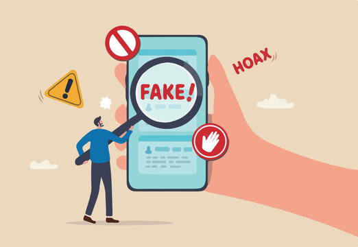 Fake news, false information sharing on social media, hoax or lies censorship, fake website cheating, scam or dishonesty report concept, man magnifying glass on social media as fake news attention