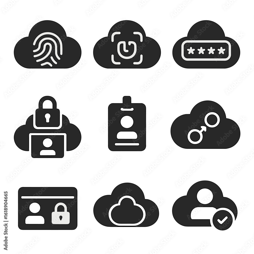 Poster cloud identity icons. solid, filled icons set of cloud identity and authentication: fingerprint icon