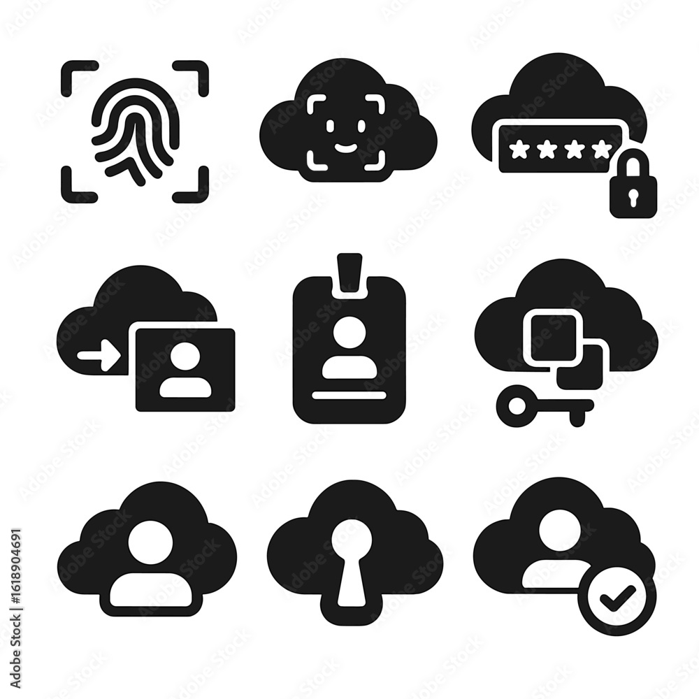 Poster cloud identity icons. solid, filled icons set of cloud identity and authentication: fingerprint icon