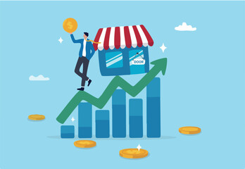 Success small business, entrepreneur growing retail store, marketing growth, business owner or sale and merchandise concept, businessman entrepreneur business owner on growing graph and chart