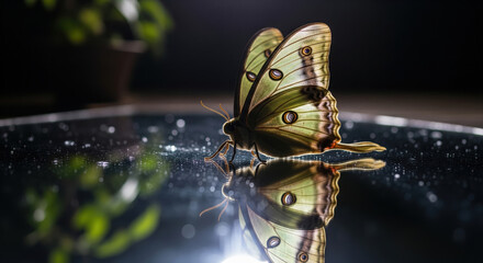 Cinematic macro shot of a beautiful butterfly with translucent wings resting on a reflective surface with water drops