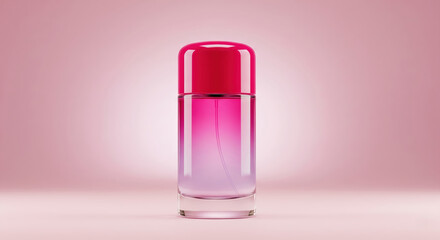 Sleek 3d render of a pink perfume bottle with a gradient effect on a clean studio background for a beauty product mockup