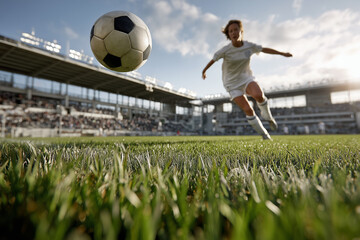 A low-angle view captures a soccer ball airborne over a vibrant green field, with a female player in blurred motion and a sunny stadium in the background.

