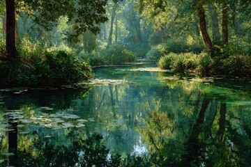 Lake surrounded by lush green forest reflecting trees during a sunny morning in Plateliai, Zemaitija National Park, Lithuania