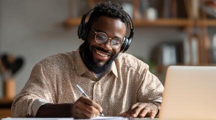 Young happy smiling African American adult student wearing headphones having virtual education class meeting online call e learning webinar on laptop at home office writing notes., no logos, no brand