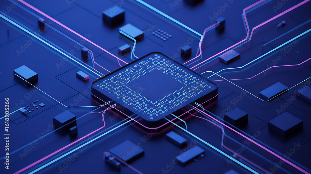 Aufkleber digital core circuitry: an intricate circuit board, awash in cool hues and intricate lines, illustra