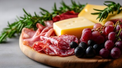 Gourmet charcuterie board with cheese and grapes