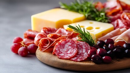 Delicious charcuterie board with cured meat, cheese, and grapes