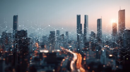 Modern city background with creative media interface. Urbanization and technology concept. Double exposure , no logos, no brands