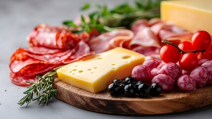 Delicious charcuterie board presenting cured meat, cheese, and olives