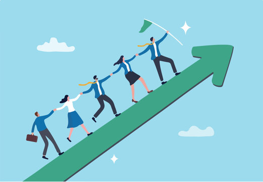 Leadership development, team success or motivation to lead team to reach goal, improvement or progress, growing together concept, businessman and woman team holding hand walk up rising growth arrow