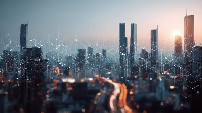 Modern city background with creative media interface. Urbanization and technology concept. Double exposure , no logos, no brands