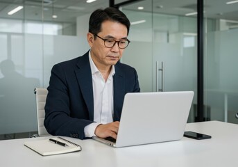 Focused asian businessman wearing glasses diligently working on his laptop computer in a modern office setting