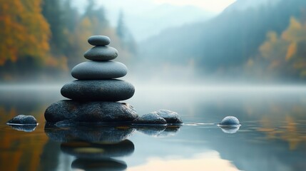 Stack of zen stones balancing in water with misty fall colors in background