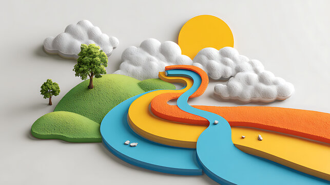Whimsical landscape with rolling green hills fluffy white clouds and a winding river 3d illustration
