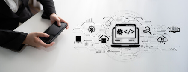Modern web development concept featuring coding symbols, web development process, web development...