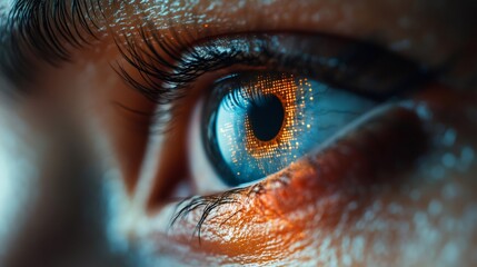 Human eye showing futuristic digital circuit board pattern reflecting in iris