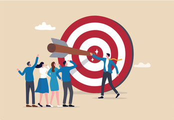 Company target achievement, business goal or objective to achieve, team strategy, leadership development, aiming for winning goal concept, businessman point arrow bullseye target to team colleagues