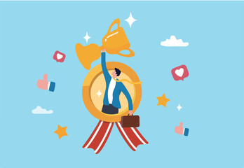 Employee of the month award winner, high performance champion, gold medal reward, success or victory recognition prize, leadership or achievement concept, success businessman holding trophy badge