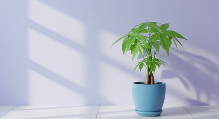 Money Tree in Blue Pot on White Floor Against Lavender Wall with Window Shadow, Indoor Houseplant
