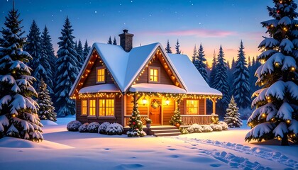 Cozy Christmas cabin nestled in snowy forest at twilight