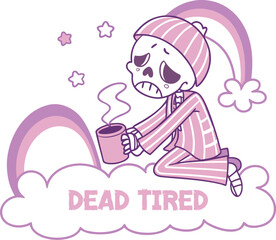 Pink cartoon illustration of a happy girl with a cup of tea, a loving mother, and her child