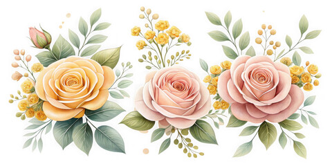 Elegant watercolor roses and greenery arrangement on black background