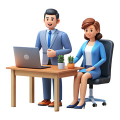 Fototapeta premium Animated Business Professionals Collaborating at Desk with Laptop and Potted Plants, Representing Modern Workplace Dynamics