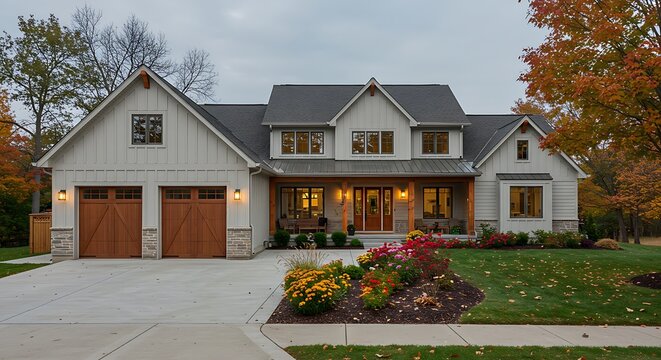 Naperville, IL, USA - October 11, 2023: A large grey and white modern farmhouse with two wooden garage doors, and beautiful landscaping.