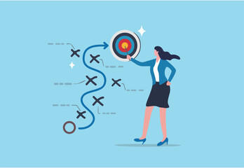 Strategy planning, method or tactic to win business reach goal, solution to avoid obstacle, path to success or discover solution to succeed concept, businesswoman present strategic plan to success