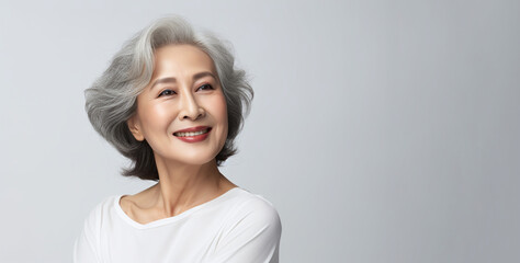 Korean adult woman with smooth healthy face skin. Beautiful aging mature asian 50-60 years old woman with long gray hair and happy smiling touch face. Beauty cosmetics skincare ad