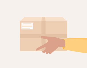 Hands holding a cardboard delivery box, side view. Flat vector illustration