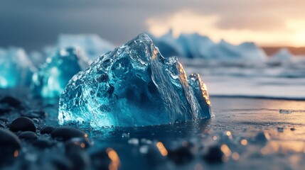 Icebergs melting on volcanic black sand beach at sunset in iceland