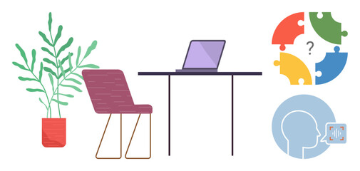 Modern workspace with laptop on desk, chair, plant, puzzle pieces, and head analyzing data. Ideal for productivity, problem-solving, innovation focus creativity strategy collaboration. Simple