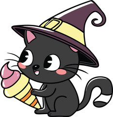 Cute cartoon kitten and mouse with a cup, a funny pet animal illustration