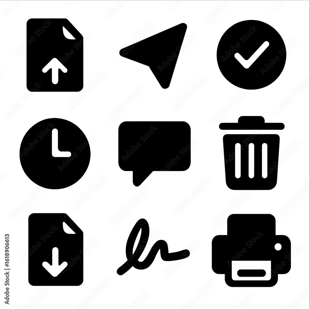 Poster homework icon set. solid, filled icon set of homework submission process: file upload, send button, 