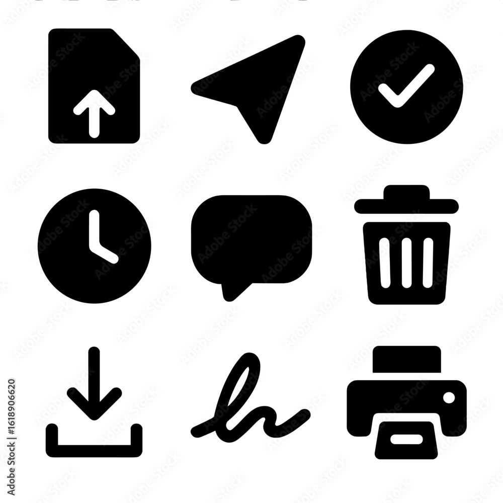 Poster homework icon set. solid, filled icon set of homework submission process: file upload, send button, 