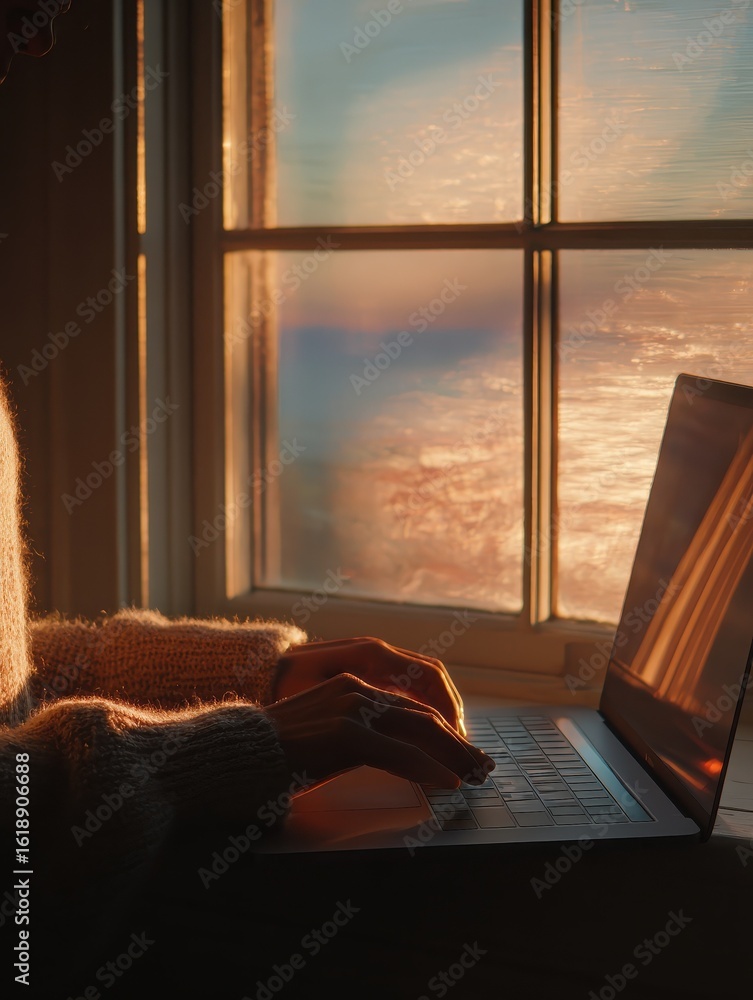 Poster a person is typing on a laptop computer in front of a window