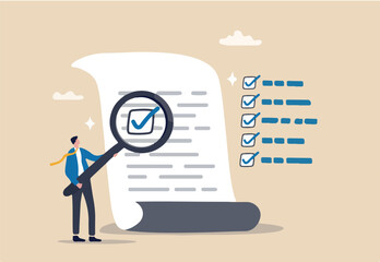 Inspect or review document, report or legal audit, quality assurance, search for document, information or research, investigate, proof or checking concept, businessman with magnifier inspect document.