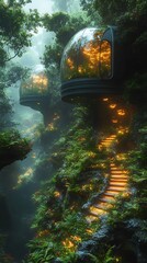 Futuristic forest treehouse glowing enchanted steps wallpaper