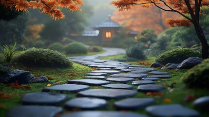 Stone path leading to traditional japanese house in a peaceful zen garden